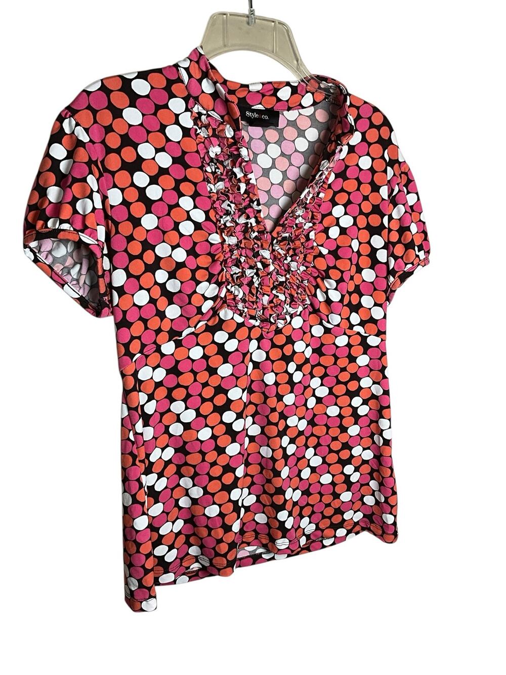 Style & Co Blouse Top Women's Medium Multi Polka Dot Lightweight Ruffle V Neck